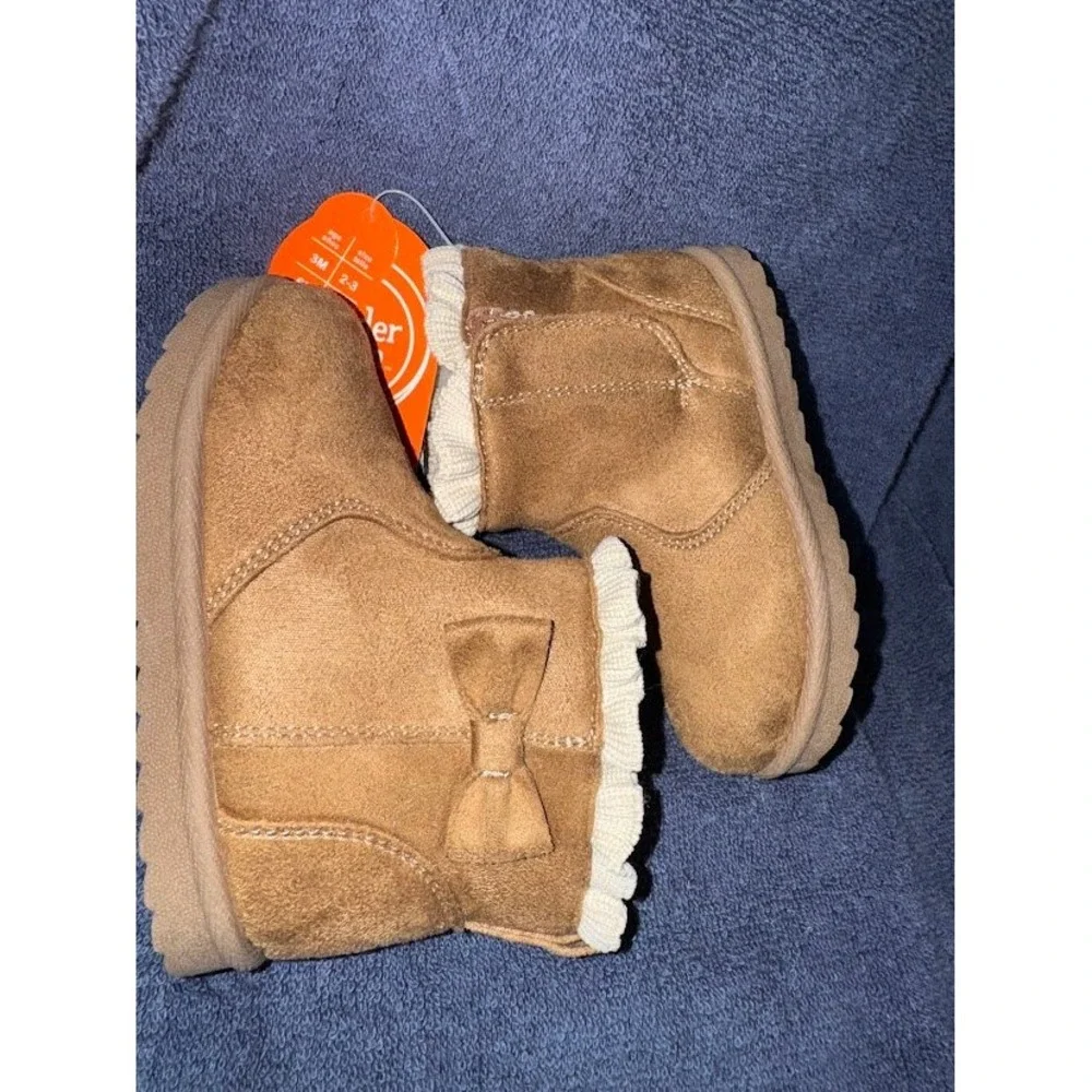 Wonder Nation Toddler Girls Faux Suede Shearling Boots Brown Bow Size 6 NEW